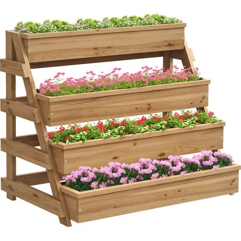 Beyamis Erhöhter, vierstöckiger Blumenkasten aus Holz mit Abflusslöchern und Vliesstoff, Fichtenholz, 75 x 57 x 60,5 cm
