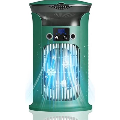 Rafraîchisseur d'air portable avec brumisateur - Réservoir d'eau de 880 ml - 3 vitesses - Veilleuse 7 couleurs - Ultra silencieux (20 dB) - Rafraîchisseur d'air USB-C - Vert (1/5)