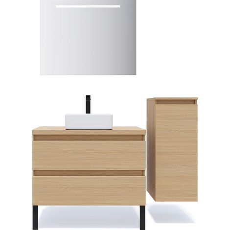 Meuble de salle de bain suspendu vasque à poser 90cm 2 tiroirs Chêne clair + miroir + colonne ouverture droite - Hudson (1/5)
