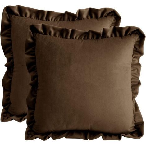 Set mit 2 braunen, gerüschten Kissenbezügen (45 x 45 cm) aus Samt für Sofa, Schlafzimmer, Auto (1/4)