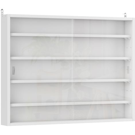 Vitrine murale blanche pour collection 4 niveaux réglables hauteur avec 2 portes coulissantes 80 x 9,5 x 60 cm (1/5)