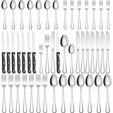 Juego de cubiertos de acero inoxidable de 48 piezas con cuchillos para carne, para el hogar, fiestas y restaurantes. (1/5)
