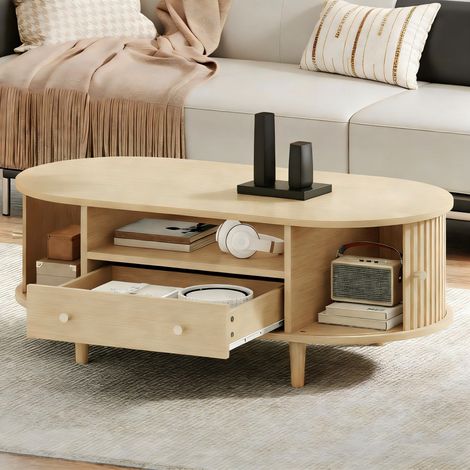 Table basse 100 x 50 x 36 cm, couleur bois, pour salon. Table à café avec tiroir et espace de rangement ouvert, table d'appoint avec porte coulissante, table de séjour sur 4 pieds de soutien. (1/5)