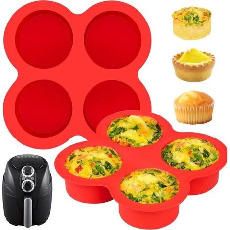 Moule à œufs monobloc pour friteuse à air, moule à mini-muffins ronds de 4 cavités, moule de cuisson en silicone, convient au four, à la friteuse à air et aux ustensiles de cuisine. (1/4)