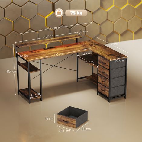 Bureau gaming en L, avec prise électrique, éclairage LED, 4 tiroirs, support pour écran, 155 x 110 x 91,4 cm, marron (1/5)