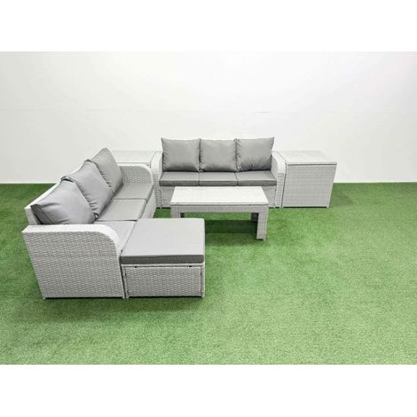 Fimous Outdoor Garden Furniture Sets 7 Seater Wicker Rattan Furniture Sofa Sets with Oblong Coffee Table high Back Lounge Sofa Big Footstool 2 Side Table Light Grey (1/4)