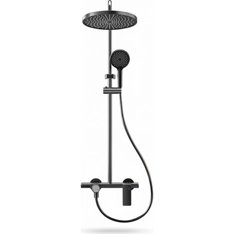 Set de douche gris pistolet en aluminium spatial - Pommeau rond 3 modes + douchette de massage (1/5)