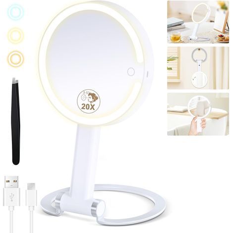 Espejo de aumento 20X con luz, espejo de maquillaje iluminado con aumento 20X/1X, luz de 3 colores y brillo ajustable, espejo de maquillaje multifuncional 3 en 1 con luces, batería de 2000 mAh. (1/5)