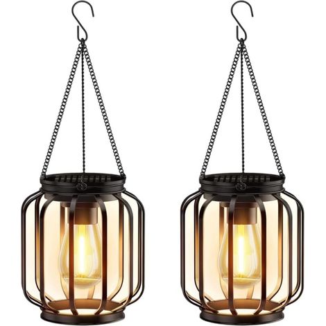 Lampe Solaire Exterieur Suspendue, Lanterne Solaire Exterieur Métal avec Chaîne et Crochet, IP65 Étanche Lanterne Cylindrique Decorative à Suspendre pour Terrasse Balcon Cour Jardin, lot de 2 (1/5)