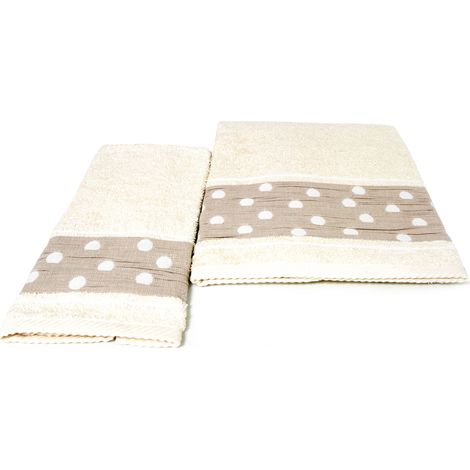 Set Asciugamano Copiola Salvietta Bagno In Spugna 100% Cotone Mod Pois Beige (1/4)