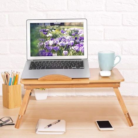 Table de lit en bambou Support pour ordinateur pliable inclinable avec tiroir 1Pc réglable bambou étagère dortoir lit tour bureau deux fleurs livre lecture plateau support (1/5)