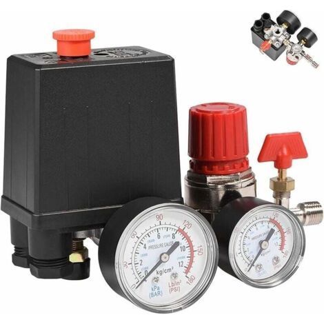 Pressostat pour compresseur d\'air monophas 90-120PSI avec 4 ports et manomtre pour une rduction rapide de la pression (1/5)