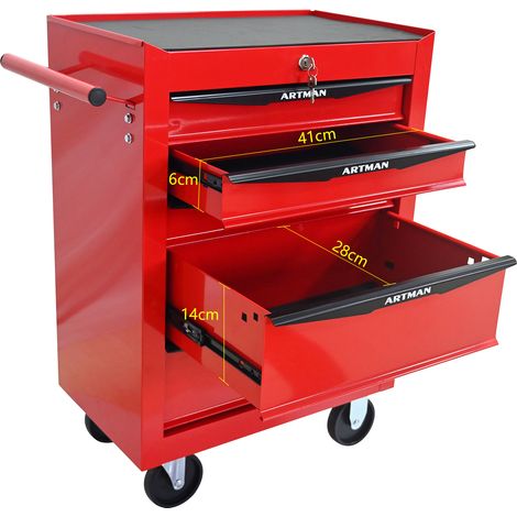 Armoire à outils métallique roulante à 5 tiroirs, meuble de rangement pour outils à 5 tiroirs avec glissières à billes, boîte de rangement en acier - Rouge&Noir(RED&BLACK) (1/5)