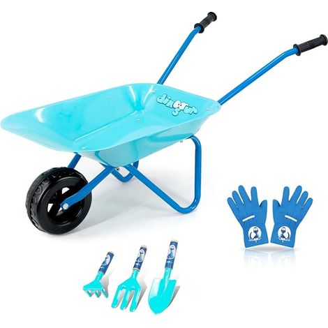 Metal Wheelbarrow for Kids with Shovel, Rake, Fork and Kids Gloves (Blue) (1/5)