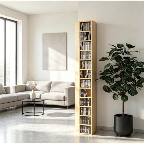 Étagère colonne de rangement cd en bois naturel 21x20x175 cm, 204 cd, 12 niveaux, anti-basculement (1/5)