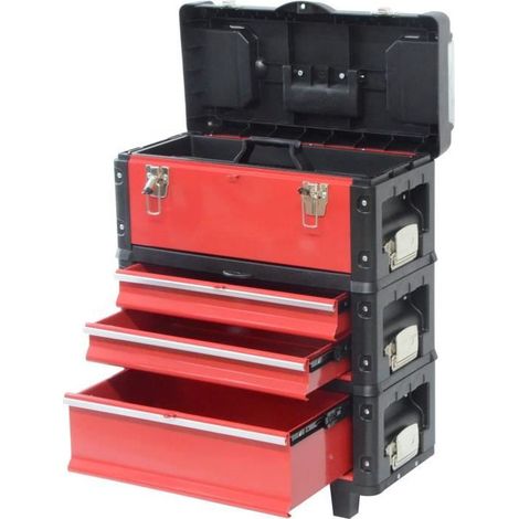 Defpro – Servante d'atelier roulante 3 modules superposables – Tiroirs antidérapants – Poignée télescopique en aluminium – Charge max 15 kg – Dimensions 63x54x65 cm (1/6)