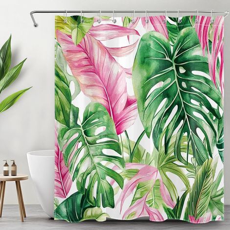 Feuille Palmier Verte Rideaux de Douche 150x200cm Feuilles bananier Roses Rideaux de Bain avec Crochets,Forêt Tropicale Abstraite Extra Longue Imperméable Polyester Anti Moule Salle de Bain Décor (1/5)