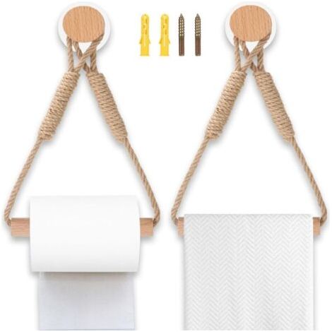 Pair Lot de 2 PortePapier Toilette Mural en Bois et Corde Design Rustique, Sans Perçage, Idéal pour Salle de Bain et Décoration Industrielle (1/5)