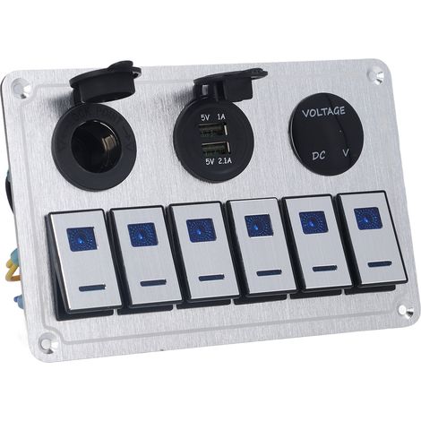 Panneau d'interrupteur à bascule 6 gangs On Off lumière LED bleue 2.1A double Port de chargeur USB en alliage d'aluminium pour voiture RV. (1/4)