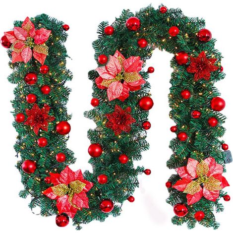 2,7 m lange künstliche Weihnachtsgirlande mit Kugeln und Blumen, ideal zum Dekorieren von Haus, Treppe, Kamin, Veranda oder Haustür, drinnen oder draußen (rot). (1/2)