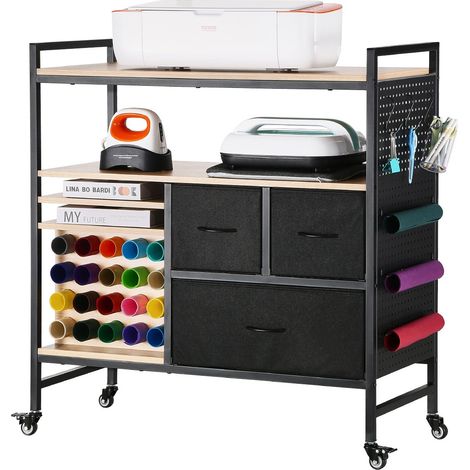 Chariot de Rangement, Compatible avec les Plotters de Découpe, Table de Travail Artisanal avec 20 Porte-rouleaux de Vinyle et 3 Tiroirs, Poste de Travail avec Roues, pour Salle d’Artisanat (1/5)