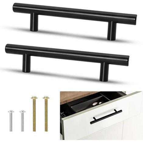 Set of 10 Stainless Steel Kitchen Cabinet Handles with Screws for Cupboards, Dressers – 96 mm Hole Spacing – Black (1/5)