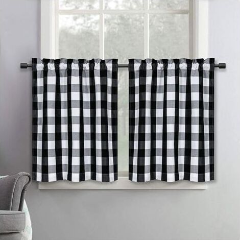 Juego de 2 cortinas de cocina a cuadros blancos y negros de 60 x 90 cm, lavables, filtran la luz, ligeras, con bolsillo para barra y antiarrugas. (1/5)
