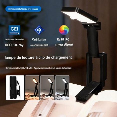 Lampe de lecture à pince LED rechargeable Type‑C, 700mAh, Ra98 haute rendu des couleurs, anti‑lumière bleue (1/5)