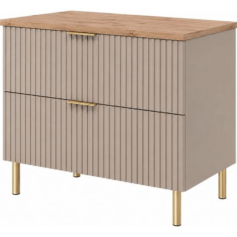 Meuble sous-vasque sur pieds 80 cm, 2 tiroirs, avec plan de travail, Cachemire / Plan Chêne clair, poignées dorées, pieds dorés, 80 x 46 x 73,6 cm (1/5)