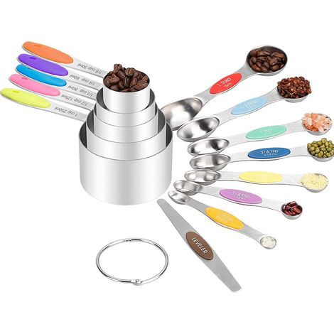 13-teiliges Küchenutensil-Set zum Kochen und Backen: magnetische Messbecher und -löffel aus Edelstahl mit Silikongriffen für trockene und flüssige Zutaten.