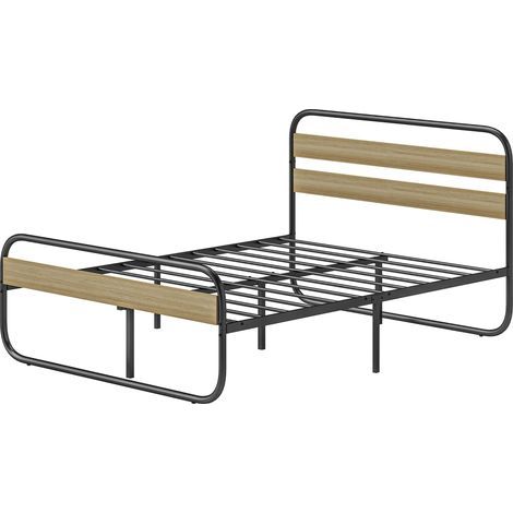 Lit double 140 x 190 cm, cadre de lit en acier style industriel, tête de lit et sommier inclus, aspect bois (1/5)