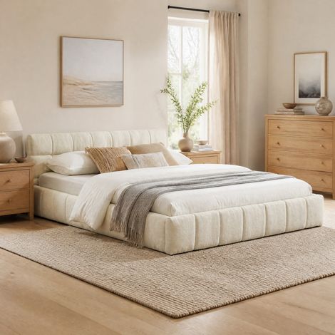 Letto matrimoniale 140x200 cm, rivestimento in chenille, struttura in legno di eucalipto e ferro, beige (1/5)