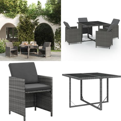 Set da Pranzo da Giardino 5 pz con Cuscini in Polyrattan Grigio - Tavolo da pranzo da esterno - Sedie da giardino