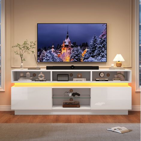 Mueble TV 160x35x60 cm blanco en MDF y vidrio templado con 10 compartimentos y LED (1/4)