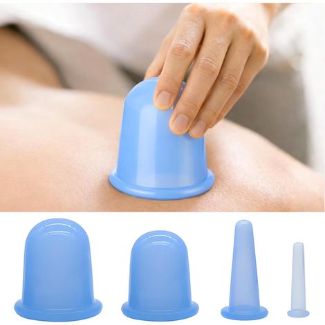Juego de 4 copas de masaje de silicona: juego de masaje corporal manual en varios tamaños, ideal para el hogar y los viajes (azul). (1/5)