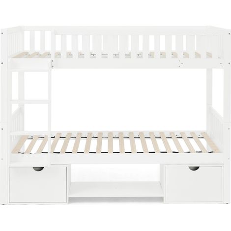 Lit double pour enfant en pin massif, 90×200 cm, convertible en 2 lits simples, lit enfant avec barrières de sécurité et tiroirs de rangement, avec échelle, blanc (sans matelas)