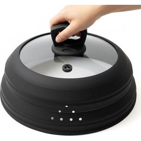 Micro-Ondes Cloche 30cm, Cloche Micro-Onde Verre, 15 Sortie De Vapeur Silicone Et Verre, Résistant Aux Températures Élevées Et Basses, Pliable, Poignée Anti-Brûlure, Facile À Nettoyer, Noir (1/5)