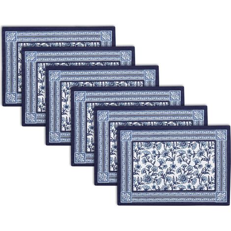 Manteles individuales de algodón, estampados a mano, 46 x 32 cm, técnica de estampado en bloque Tejido grueso y absorbente Acabado con dobladillo Lavables a máquina Juego de 6 (1/5)