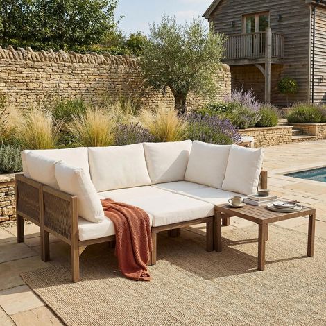 Salon de jardin bas, Salon de détente 6 places,Canapé d'angle modulable convertible en bain de soleil,  Beige