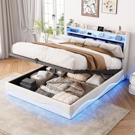Letto contenitore 160x200 cm a 2 piazze, letto matrimoniale imbottito in velluto con LED, porte USB, testiera contenitore e rete a doghe - beige