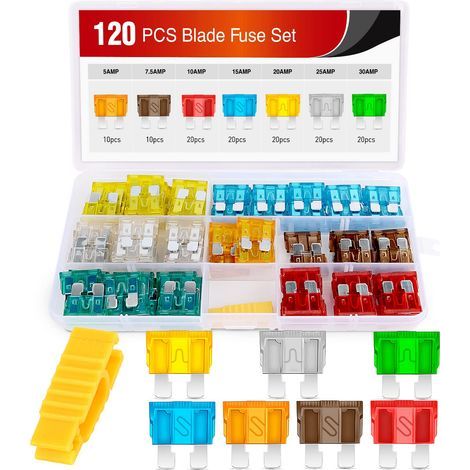Assortiment de 120 fusibles standard – 5, 7,5, 10, 15, 20, 25, 30 A – Fusibles à lame standard APR/ATO (ouverts)/ATC pour voitures, camions, bateaux et automobiles