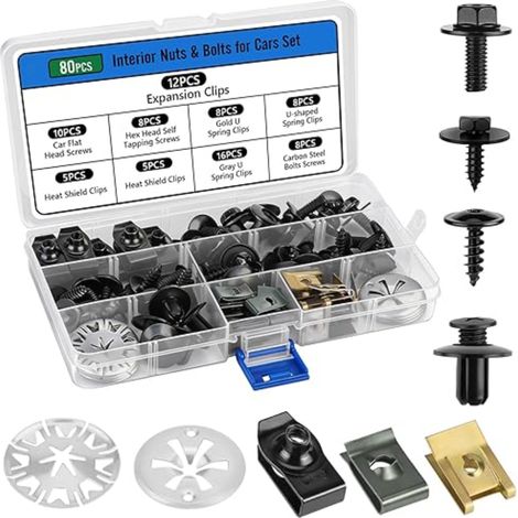 80 Pièces Vis & Clips Voiture Kit, Vis de Carrosserie pour Ailes de Voitures, Garde-boue Boulons et Agrafes, Fixations Universelles en Métal pour Voiture (1/4)