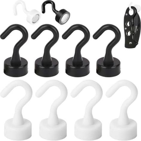 8 crochets magnétiques puissants pour frigo et surfaces métalliques - Support jusqu'à 2 kg, blanc noir (1/5)