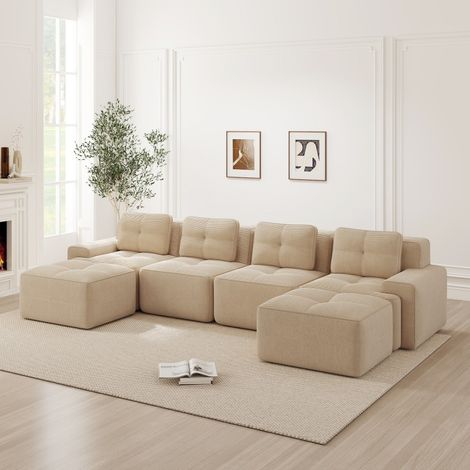 Canapé modulable sans structure en U, 4 places, velours côtelé, beige