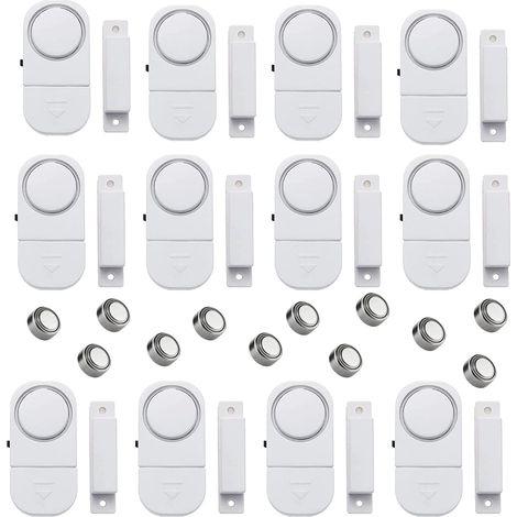 Lot de 12 alarmes de sécurité sans fil pour fenêtre/porte, capteur magnétique, alarme anti-cambrioleur, alarme de piscine super puissante pour la maison, le garage, l'appartement, le dortoir, le (1/5)