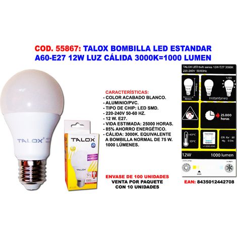 TALOX Lampadina LED standard A60 E27 12W luce calda 3000K 1000 lumen