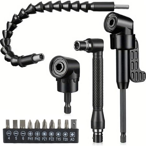Irovami Ensemble de 14 pièces avec arbre flexible, kit d'accessoires pour foret à angle droit, angle de 105°, tournevis coudé (1/5)