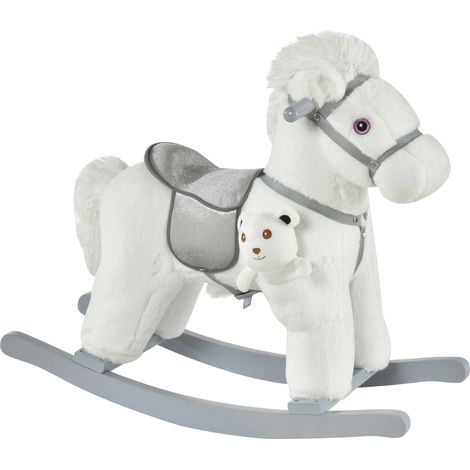Cheval à bascule, pour les enfants de 18 à 36 mois pour enfants en peluche et bois, blanc avec sons et ours en peluche inclus, 65x26x55cm (1/5)