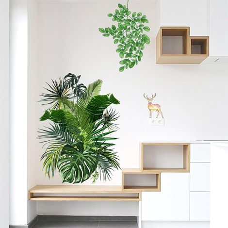 Wandaufkleber mit tropischen grünen Blättern und einem goldenen Hirsch – selbstklebende Wanddekoration – Heimdekoration für Schlafzimmer und Badezimmer (1/5)