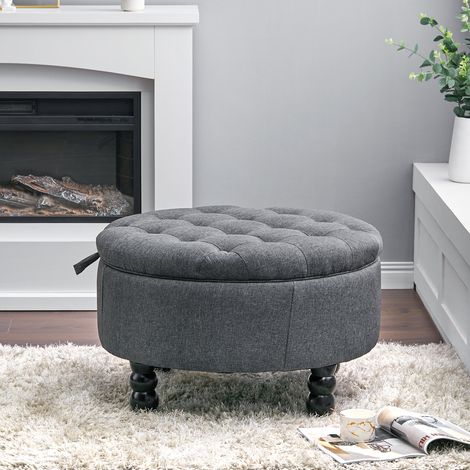 Linen Buttoned Ottoman Storage Footstool , Grey (1/5)